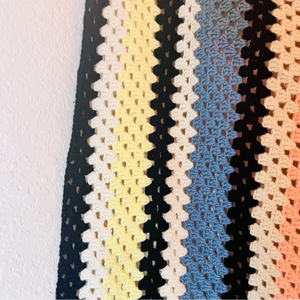 VTG 70’s AFGHAN CROCHET FRINGE THROW BLANKET HANDMADE PASTEL BLUE PINK YELLOW - Picture 8 of 9